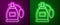 Glowing neon line Perfume icon isolated on purple and green background. Vector