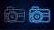 Glowing neon line Photo camera for diver icon isolated on brick wall background. Foto camera icon. Diving underwater