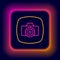 Glowing neon line Photo camera icon isolated on black background. Foto camera. Digital photography. Colorful outline