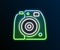 Glowing neon line Photo camera icon isolated on black background. Foto camera. Digital photography. Colorful outline