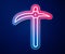 Glowing neon line Pickaxe icon isolated on blue background. Vector