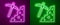 Glowing neon line Pickaxe icon isolated on purple and green background. Vector