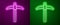Glowing neon line Pickaxe icon isolated on purple and green background. Vector