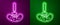 Glowing neon line Pickled cucumber on a fork icon isolated on purple and green background. Vector Illustration