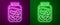 Glowing neon line Pickled cucumbers in a jar icon isolated on purple and green background. Vector Illustration