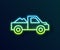 Glowing neon line Pickup truck icon isolated on black background. Vector