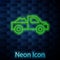 Glowing neon line Pickup truck icon isolated on brick wall background. Vector