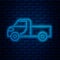 Glowing neon line Pickup truck icon isolated on brick wall background. Vector Illustration