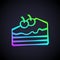 Glowing neon line Piece of cake icon isolated on black background. Happy Birthday. Vector