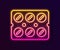 Glowing neon line Pills in blister pack icon isolated on black background. Medical drug package for tablet, vitamin