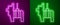 Glowing neon line Pinata icon isolated on purple and green background. Mexican traditional birthday toy. Vector