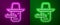 Glowing neon line Pinocchio icon isolated on purple and green background. Vector