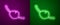 Glowing neon line Pirate eye patch icon isolated on purple and green background. Pirate accessory. Vector