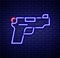 Glowing neon line Pistol or gun icon isolated on brick wall background. Police or military handgun. Small firearm