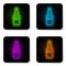 Glowing neon line Plastic beer bottle icon isolated on white background. Black square button. Vector