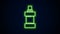 Glowing neon line Plastic bottle for laundry detergent, bleach, dishwashing liquid or another cleaning agent icon