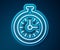 Glowing neon line Pocket watch icon isolated on blue background. Vector
