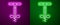 Glowing neon line Pogo stick jumping toy icon isolated on purple and green background. Vector