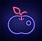 Glowing neon line Poison apple icon isolated on brick wall background. Poisoned witch apple. Colorful outline concept