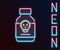 Glowing neon line Poisoned pill icon isolated on black background. Pill with toxin. Dangerous drug. Colorful outline