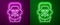 Glowing neon line Portrait of Joseph Stalin icon isolated on purple and green background. Vector