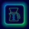 Glowing neon line Pour over coffee maker icon isolated on black background. Alternative methods of brewing coffee