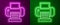 Glowing neon line Printer icon isolated on purple and green background. Vector