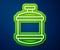 Glowing neon line Propane gas tank icon isolated on blue background. Flammable gas tank icon. Vector