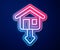 Glowing neon line Property and housing market collapse icon isolated on blue background. Falling property prices. Real