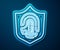 Glowing neon line Protection shield encoded fingerprint icon isolated on blue background. ID app icon. Identification