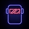 Glowing neon line Protective welding mask helmet icon isolated on brick wall background. Protective clothing and tool