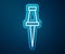 Glowing neon line Push pin icon isolated on blue background. Thumbtacks sign. Vector Illustration