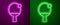 Glowing neon line Racket for playing table tennis icon isolated on purple and green background. Vector