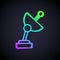 Glowing neon line Radar icon isolated on black background. Search system. Satellite sign. Vector