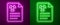 Glowing neon line Radiation warning document icon isolated on purple and green background. Text file. Vector