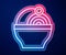 Glowing neon line Ramen soup bowl with noodles icon isolated on blue background. Bowl of traditional asian noodle soup