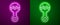 Glowing neon line Rattle baby toy icon isolated on purple and green background. Beanbag sign. Vector