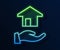 Glowing neon line Realtor icon isolated on blue background. Buying house. Vector