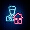 Glowing neon line Realtor icon isolated on brick wall background. Buying house. Colorful outline concept. Vector