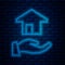 Glowing neon line Realtor icon isolated on brick wall background. Buying house. Vector