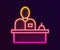 Glowing neon line Receptionist standing at hotel reception desk icon isolated on black background. Vector