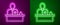 Glowing neon line Receptionist standing at hotel reception desk icon isolated on purple and green background. Vector