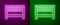 Glowing neon line Ribbon in finishing line icon isolated on purple and green background. Symbol of finish line. Sport