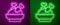 Glowing neon line Roasted turkey or chicken icon isolated on purple and green background. Vector