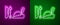 Glowing neon line Robin hood hat with feather, bow and arrow icon isolated on purple and green background. Vector