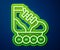Glowing neon line Roller skate icon isolated on blue background. Vector