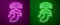 Glowing neon line Roman army helmet icon isolated on purple and green background. Vector