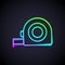 Glowing neon line Roulette construction icon isolated on black background. Tape measure symbol. Vector