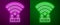 Glowing neon line Router and wi-fi signal icon isolated on purple and green background. Wireless ethernet modem router