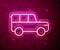 Glowing neon line Safari car icon isolated on red background. Vector